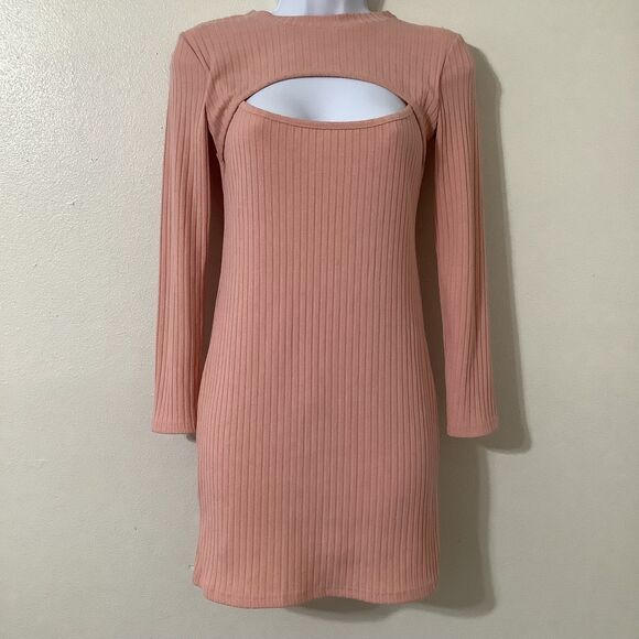 Yi Lhi Lian Pink Ribbed Bodycon Glam Club Feminine Keyhole Neck Mini Dress S - Picture 1 of 9